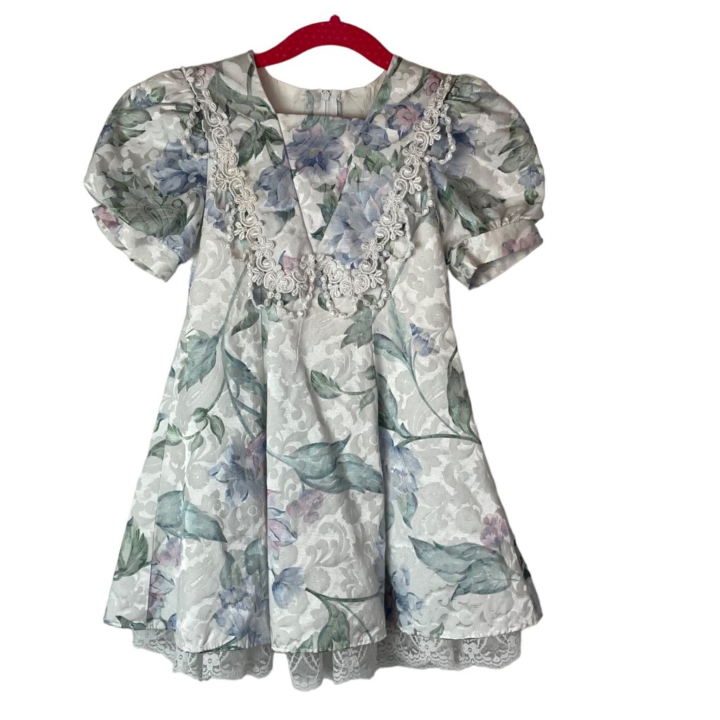 Jessica Mcclintock Girls Dress Floral 90s 80s Vintage Bib Puff Sleeves Size 4